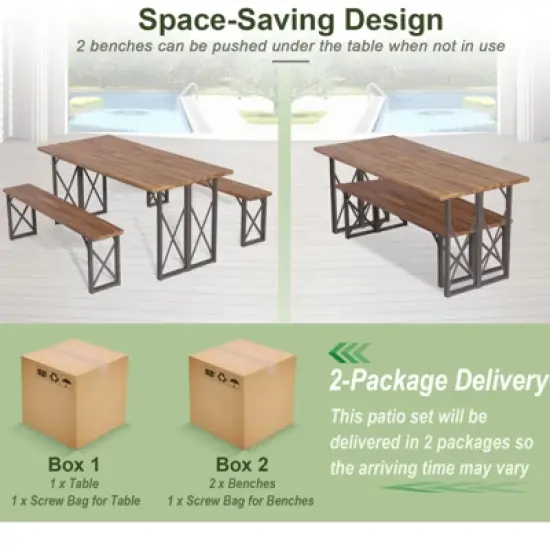 Tangkula 3 Piece Patio Picnic Table Bench Set, Outdoor Camping Table Set w/ Acacia Wood Tabletop & Seat 2&rdquo; Umbrella Hole image {6}