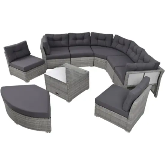 DSVIMOY Outdoor Furniture, Daybed, Rattan Sectional Furniture Set with Cushions and Center Table for Patio, Grey, 84.6"*84.6"*30.7" image {3}
