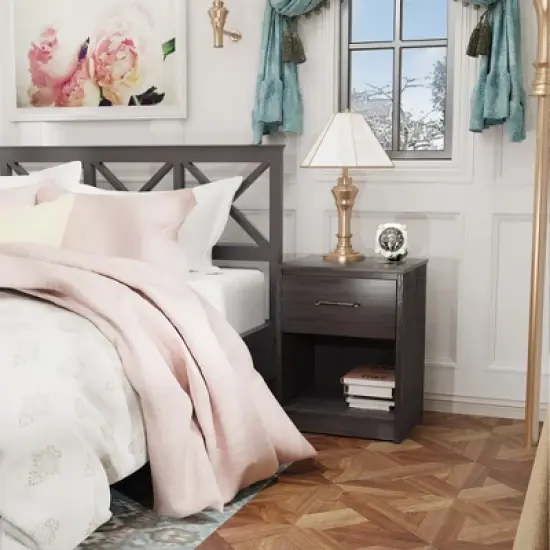 Costway 2PCS Nightstand with Drawer Storage Shelf Wooden End Side Table Bedroom Brown / Black / Natiral image {5}