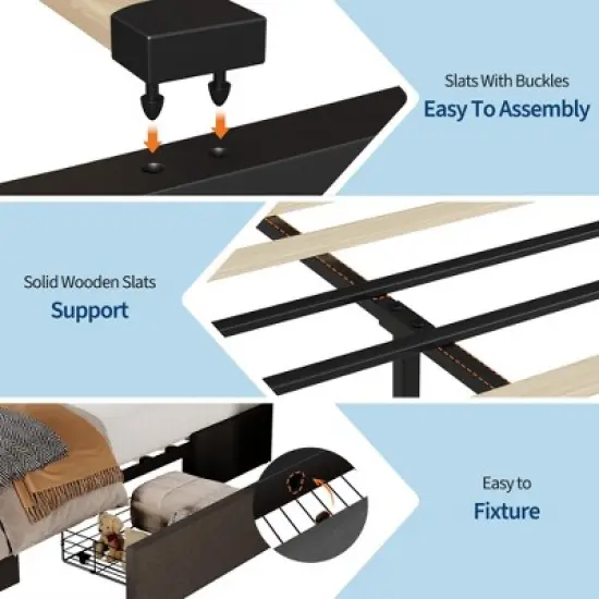 King Bed Frame with 3 Storage Drawers, Fabric Upholstered Platform Bed, Wooden Slats Support, Dark Grey image {7}