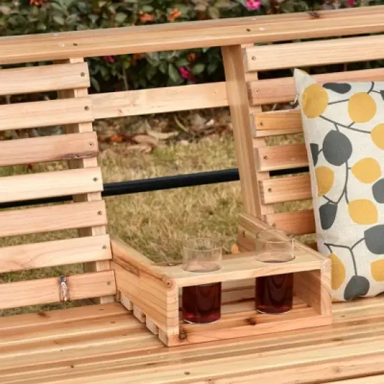 Sapphtopaz Porch Swing Patio Wooden Armrest Bench 3-Seat Conversation Swing with Hanging Chains and Cup Holder for Garden, Backyard, Terrace image {3}