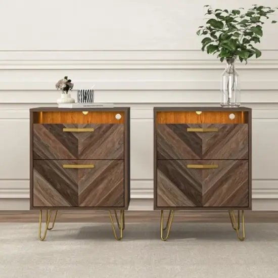 Resenkos Modern Night Stand Set of 2 with Mobile APP Remote Light, Jointed Wood Grain Bedside Table for Bedroom Rustic image {12}