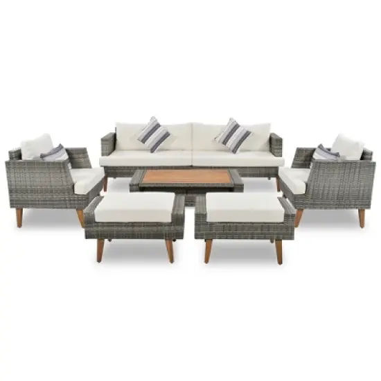 FIONECA 6-Piece All-Weather PE Wicker Outdoor Sofa Set with Double Cushions, Wood Legs & Tabletop, Beige and Gray Rattan Patio Furniture image {6}