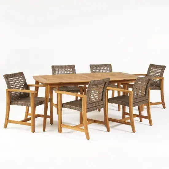 Christopher Knight Home Botsford Outdoor Acacia Wood and Wicker 7 Piece Dining Set, Teak/Mixed Mocha image {1}