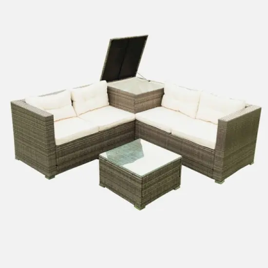 4pc Wicker Patio Seating Set with Cushions - Gray/Beige - GODEER image {3}