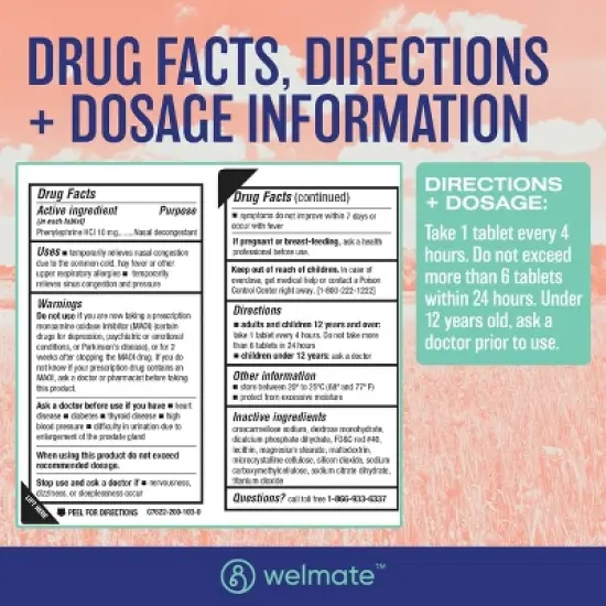 WELMATE PE Nasal Decongestant Tablets - Phenylephrine HCl 10mg 200ct image {2}