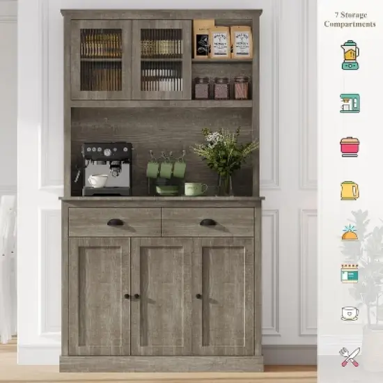 GustoWave 5-door Kitchen Pantry Cabinet, 71" Tall Storage Pantry with Microwave Stand, Modern Kitchen Hutch Cabinet, Rustic Grey image {2}