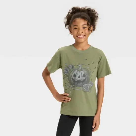 Girls' Short Sleeve Oversized Halloween Graphic T-Shirt - Cat & Jack&trade; Olive Green image {4}