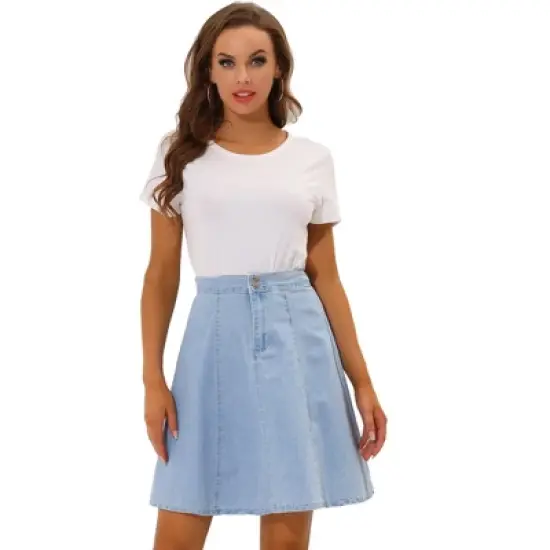 Allegra K Women's High Waist A-Line Flared Pleated Casual Midi Denim Skirt image {7}