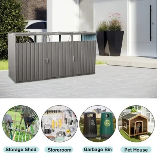 Outdoor Garbage Bin Shed for 3 Trash Cans, Stainless Galvanized Steel Bin Shed W/Lifting Lids Lockable Doors, Ventilated Storage Shed for Garden Yard image {3}