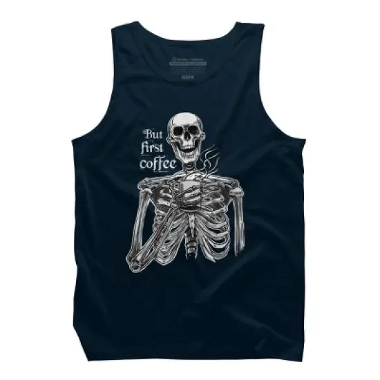 Men's Design By Humans Halloween skeleton drinking coffee. But first coffee By melazergDesign Tank Top image {5}