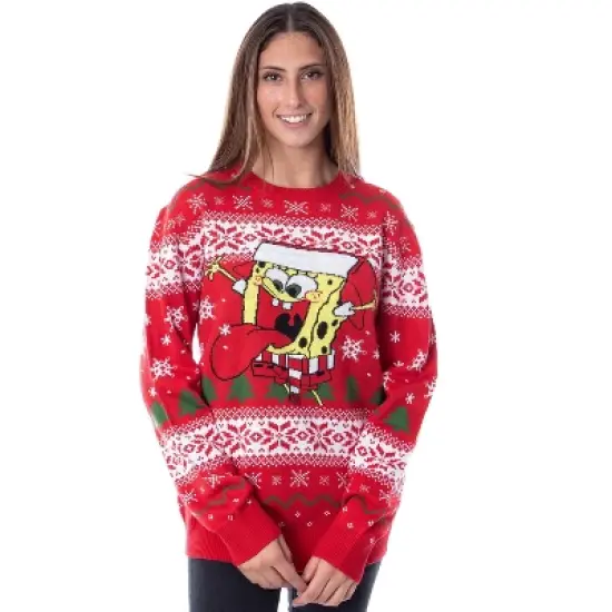 SpongeBob SquarePants Men's Snowflake Catching Ugly Sweater Knit Pullover image {1}