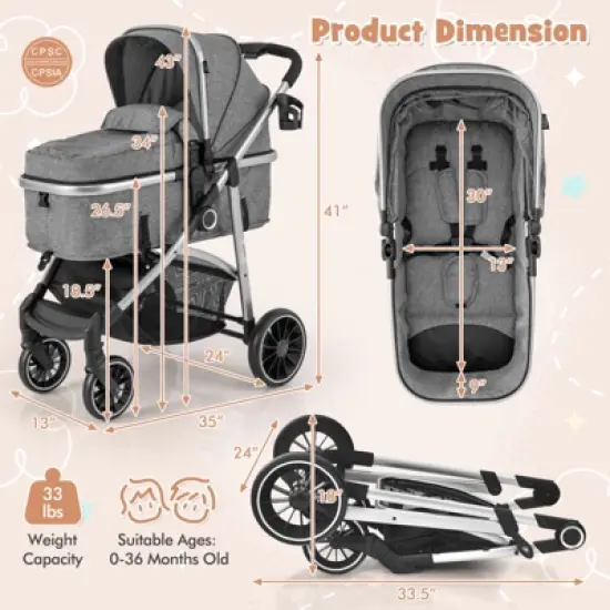 Infans 2 in 1 Convertible Baby Stroller High Landscape Infant Stroller Grey image {4}