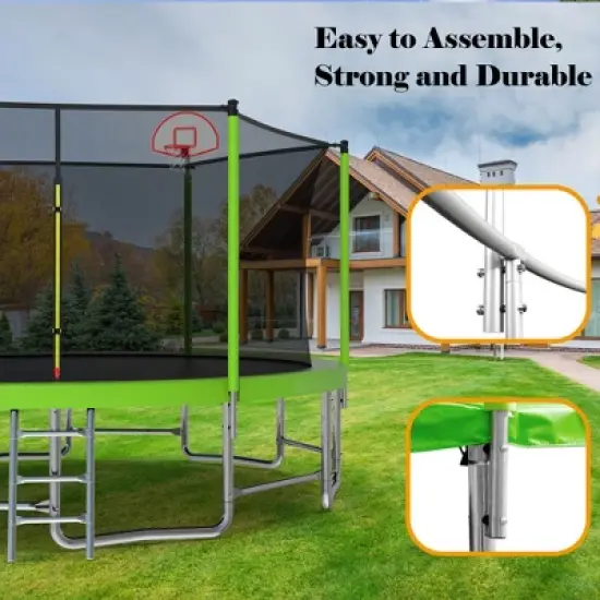 QingMoon 15FT Round Outdoor Backyard Trampoline With UV Safe Trampoline Enclosure Net,Basketball Hoop,Net,Basketball,Pump,Fun For Children image {4}