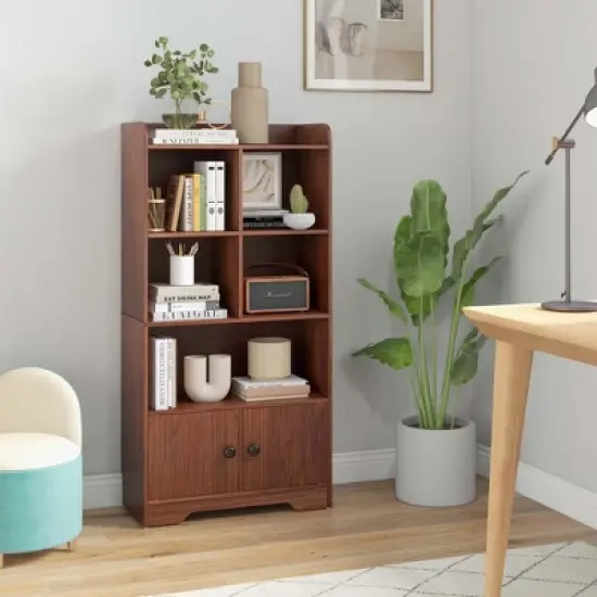 Costway 4-Tier Bookshelf 2-Door Storage Cabinet with4 Cubes Display Shelf for Home Office image {1}