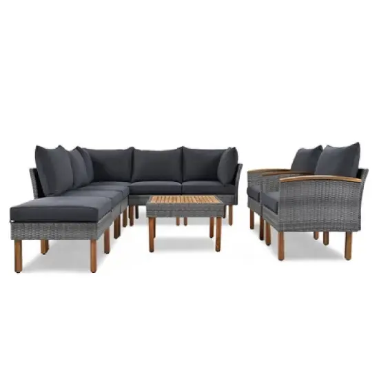 Outdoor Patio Rattan Sectional Sofa With Wooden Legs Tabletop, Upholstered Patio Sofa Set, All Weather Wicker Rattan Furniture, Gray image {2}