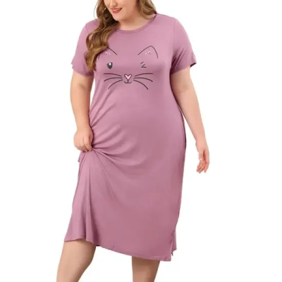 Agnes Orinda Womens Plus Size Short Sleeve Cute Cat Print Pockets Nightgown image {19}