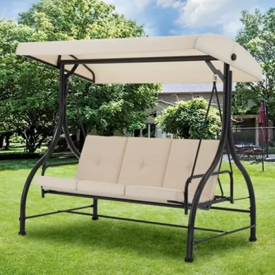 COWLOWN Beige Convertible Porch Swing Chair with Canopy, Adjustable Backrest, Patio Daybed with Cushions for Adults image {1}