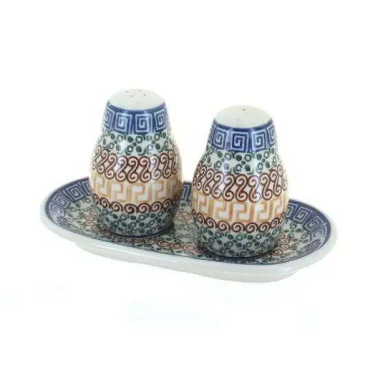 Blue Rose Polish Pottery 131 Ceramika Artystyczna Salt & Pepper Shakers with Tray image {3}
