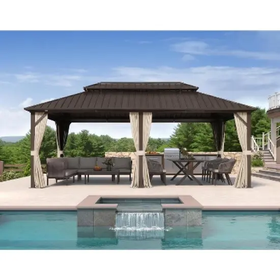 PURPLE LEAF Permanent Hardtop Gazebo Aluminum Frame Gazebo with Galvanized Steel Double Roof, UV-Resistant, Netting & Curtains included - Grey image {20}