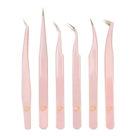 Okuna Outpost 6 Piece Metal Precision Tweezer Kit, False Eyelash Fake Lashes Extension Applicator with Storage Case, Pink image {3}
