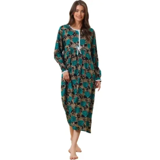 cheibear Womens Pajamas Loungewear Long Sleeve Round Neck Midi Nightgown image {6}