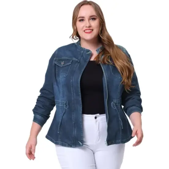 Agnes Orinda Women's Plus Size Stand Collar Zipper Denim Jacket image {8}