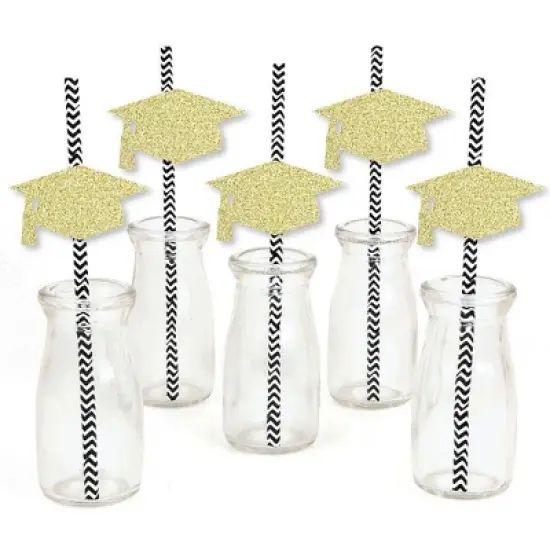 Big Dot of Happiness Gold Glitter Grad Cap Party Straws - No-Mess Real Gold Glitter Cut-Outs & Decorative Graduation Party Paper Straws - Set of 24 image {1}