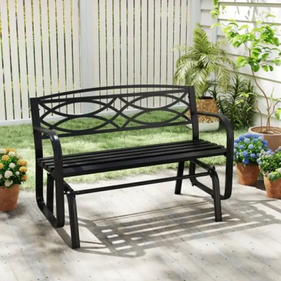 Costway 2-Person Outdoor Glider Bench with Metal Frame Armrests Geometric Backrest image {4}
