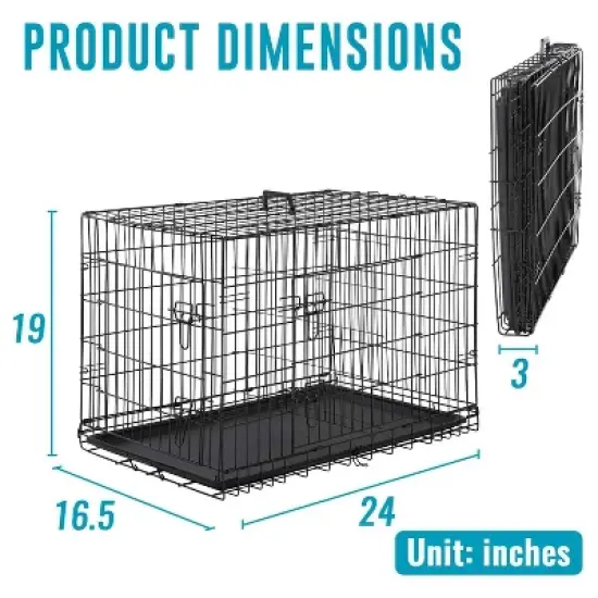 FDW Dog Crate for Small Dogs 24 Inch Folding Metal WirePet Cage Double Door W/Divider Panel Indoor Outdoor Kennel Leak-Proof Plastic Tray,Black image {6}