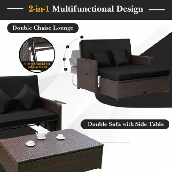 Tangkula Rattan Loveseat Set Daybed Lounge Storage Ottoman Side Tables Adjust Patio Black image {1}