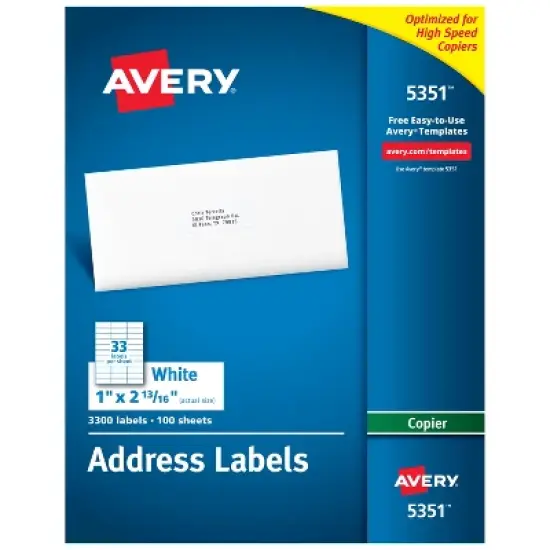 Avery Address Labels for Copiers, 1" x 2-13/16", 3,300 White Labels (5351) image {8}