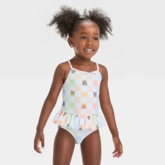 Toddler Girls' Bluey Peplum Checkered One Piece Swimsuit - Off-White image {3}