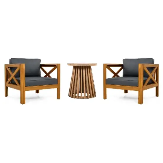 FIONECA Patio Conversation Set, 2 Acacia Wood Armchairs with Dark Grey Cushions & Side Table, Outdoor Leisure Set for Backyard, Lawn, Balcony image {7}