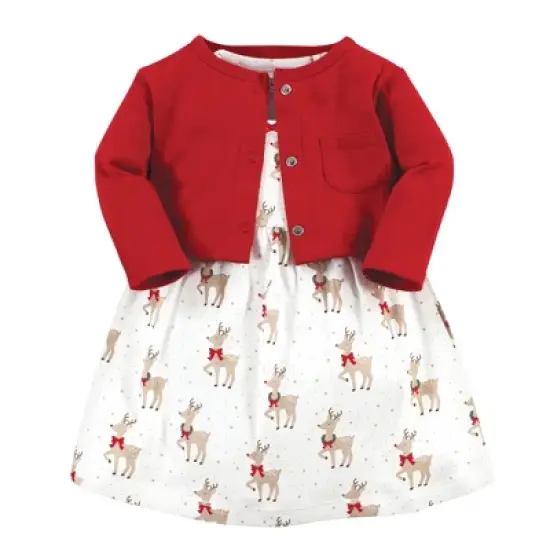 Hudson Baby Infant and Toddler Girl Cotton Dress and Cardigan Set, Fancy Rudolph image {14}