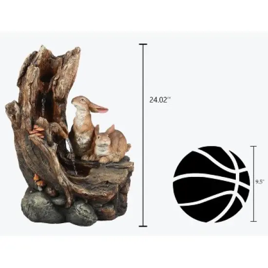 LuxenHome Resin Two Bunnies Tree Stump Outdoor Fountain with LED Lights image {7}