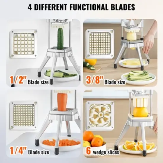 VEVOR Commercial Vegetable Fruit Chopper, Stainless Steel French Fry Cutter with 4 Blades 1/4" 3/8" 1/2", 6-wedge Slicer, Chopper Dicer with Tray image {3}