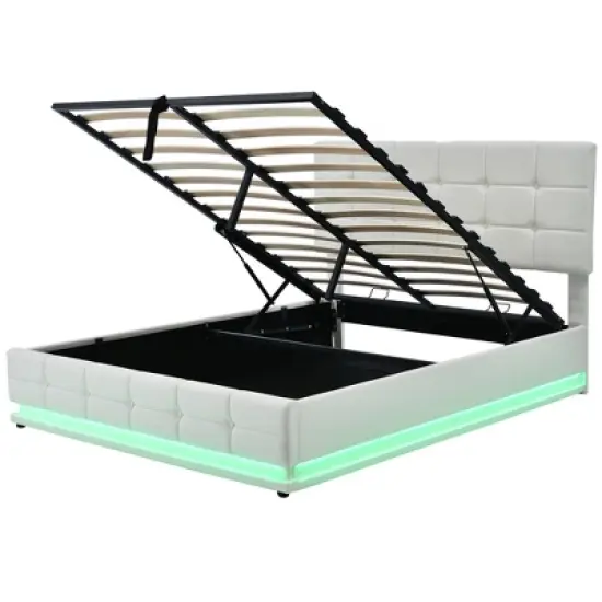 Queen Size PU Tufted Upholstered Platform Bed with Hydraulic Storage System, LED Lights and USB charger-ModernLuxe image {6}