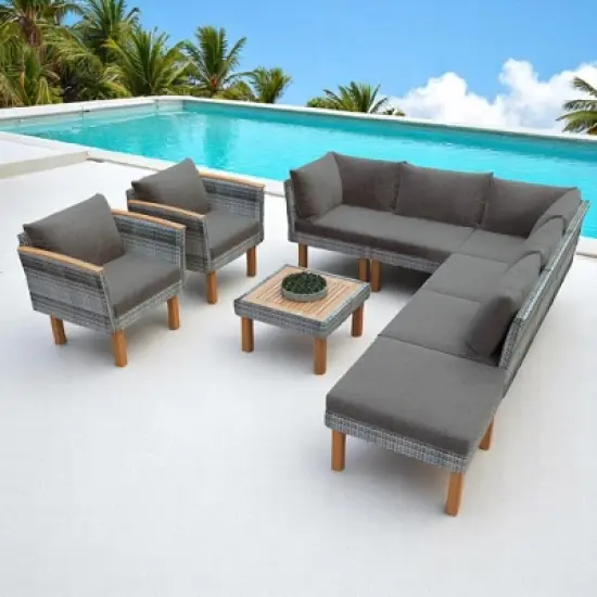 9-Piece Outdoor Patio Furniture Set with PE Wicker, Acacia Wood, Removable Cushions & Pillows, Multi-Functional Modular Sofa image {16}