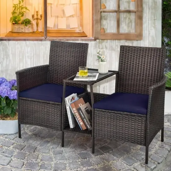 Costway Patio Rattan Wicker Conversation Set Sofa Cushioned Loveseat Glass Table image {12}