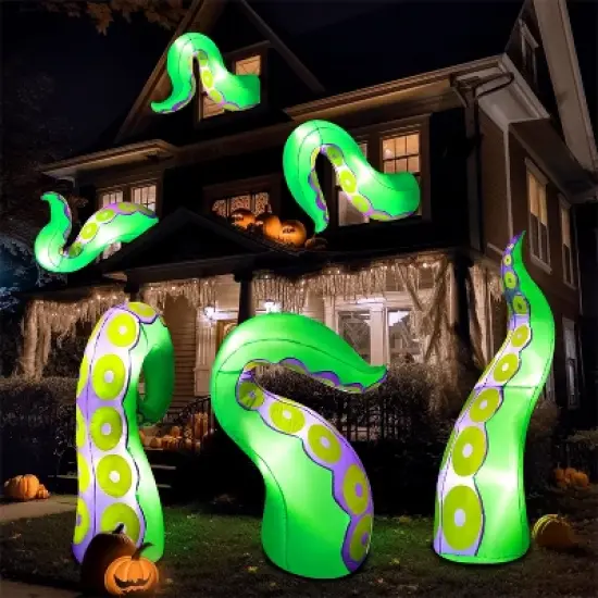 Joyfy 3 Pcs Halloween Inflatable Outdoor Decorations, Giant Octopus Tentacle with Built-in LEDs Broke Out from Window for Halloween Window Roof Decor image {10}
