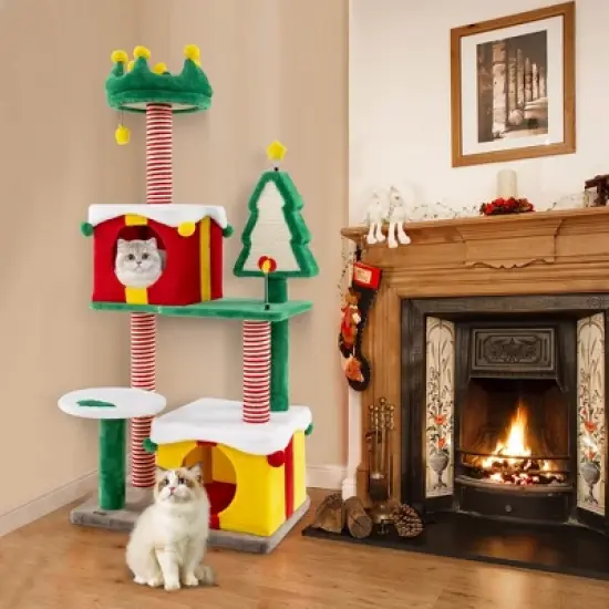 Costway Christmas Cat Tree for Indoor Cats with Sisal Scratching Posts Carpet Plush Perch image {3}