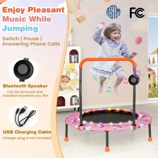 Costway 36'' Mini Toddler Trampoline W/LED Bluetooth Speaker Detachable Handle Kids Gifts Pink\Blue\Orange image {5}