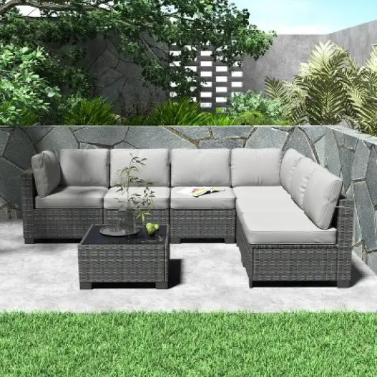 7 Piece Patio Furniture Set - PE Rattan Wicker Sectional Sofa with Cushions & Glass Coffee Table for Garden, Balcony, Porch, Backyard image {4}