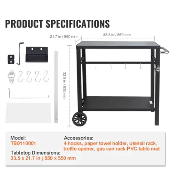 VEVOR Outdoor Grill Dining Cart with Double-Shelf, BBQ Movable Food Prep Table, Multifunctional Iron Table Top, Portable Modular Carts for Pizza Oven image {7}