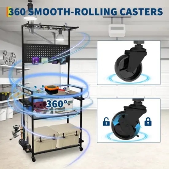 Fishing Rod Holders for Garage, Fishing Rod Storage Rack with Hooks & Wheels, Baker's Racks, Fish Pole Stand Organizer with Pegboard for Fishing Gear image {4}