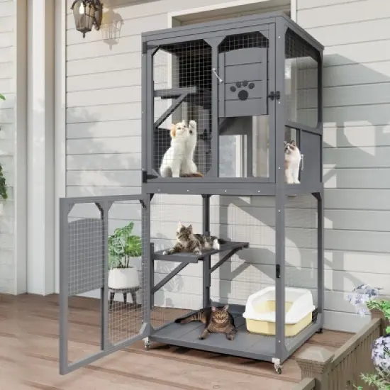 SEVOBAL Large Catio Outdoor Cat Enclosure Window Access 4 Tiers Cat Crate with Wheels Box Waterproof Indoor Pet House Cage, Gray, 31.5"*31.5"*71" image {1}