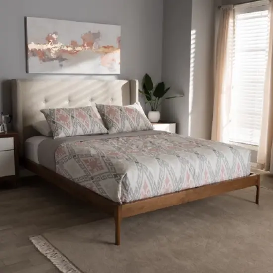 Brooklyn Mid Century Modern Walnut Wood Fabric Upholstered Platform Bed Beige - Baxton Studio image {7}