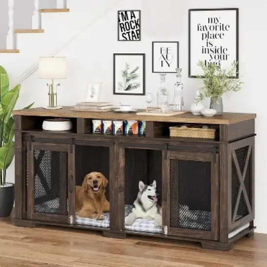 Dog Crate Furniture for 2 Dogs, 71" Double Kennel TV Stand with Divider and Barn Doors, Indoor Dog Cage image {9}