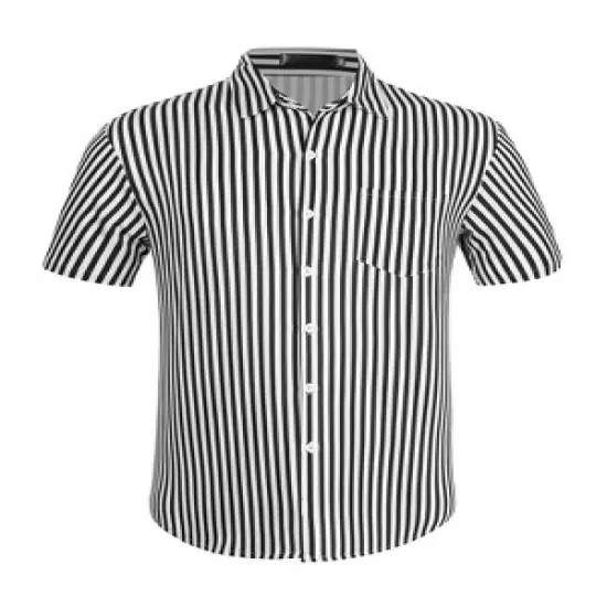 Lars Amadeus Men's Summer Stripe Printed Regular Fit Short Sleeves Button Closure Color Block Shirts image {7}